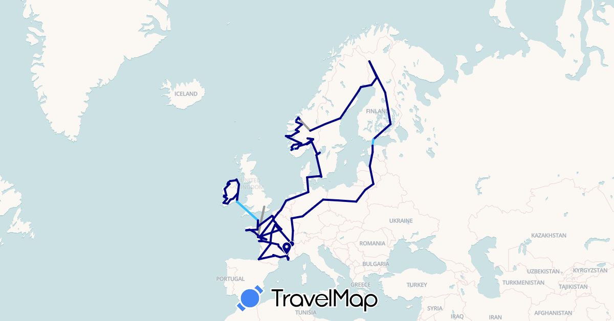 TravelMap itinerary: driving, plane, boat in Belgium, Germany, Denmark, Estonia, Finland, France, United Kingdom, Ireland, Lithuania, Luxembourg, Latvia, Netherlands, Norway, Poland, Sweden (Europe)